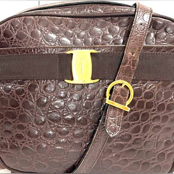 Salvatore Ferragamo Handbags - Salvatore Ferragamo Brown Crocodile-Embossed Leather Camera Bag